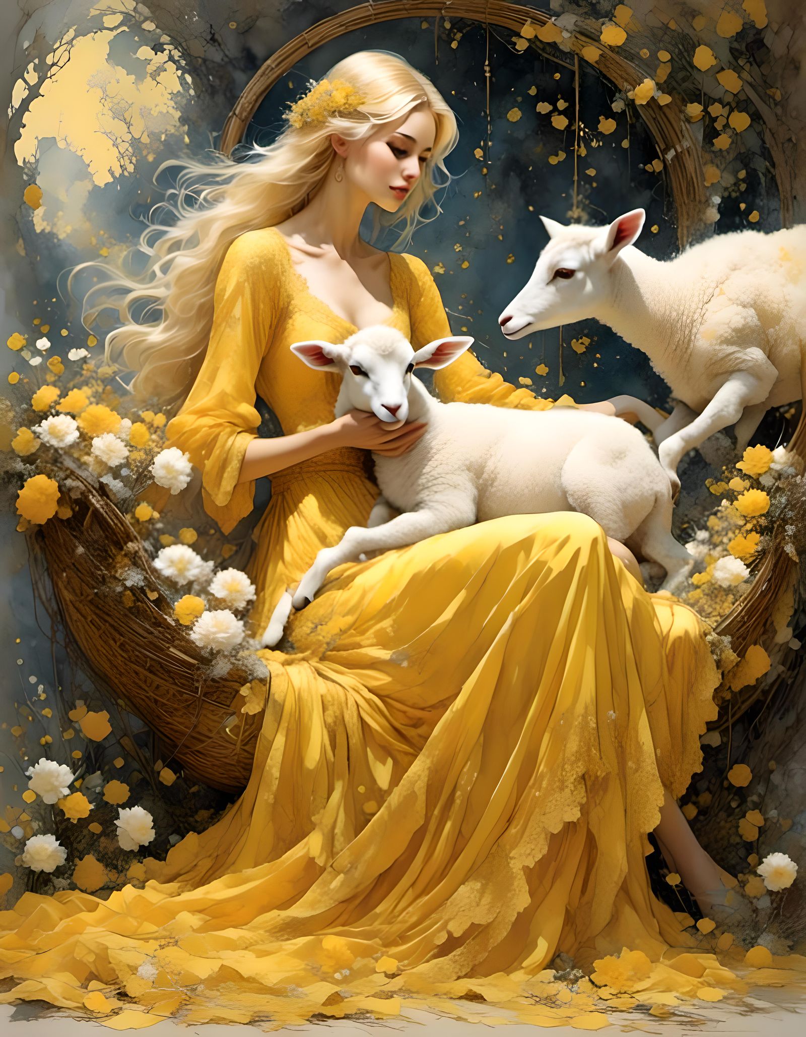 Elegant Woman Tending Lamb in Cradle, Detailed Ink Art