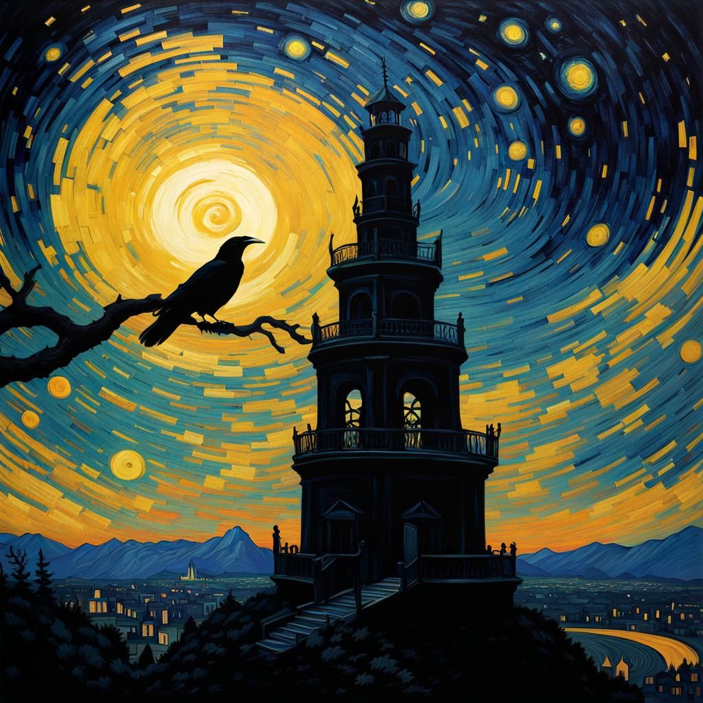 Raven on Tower in Impressionist Style