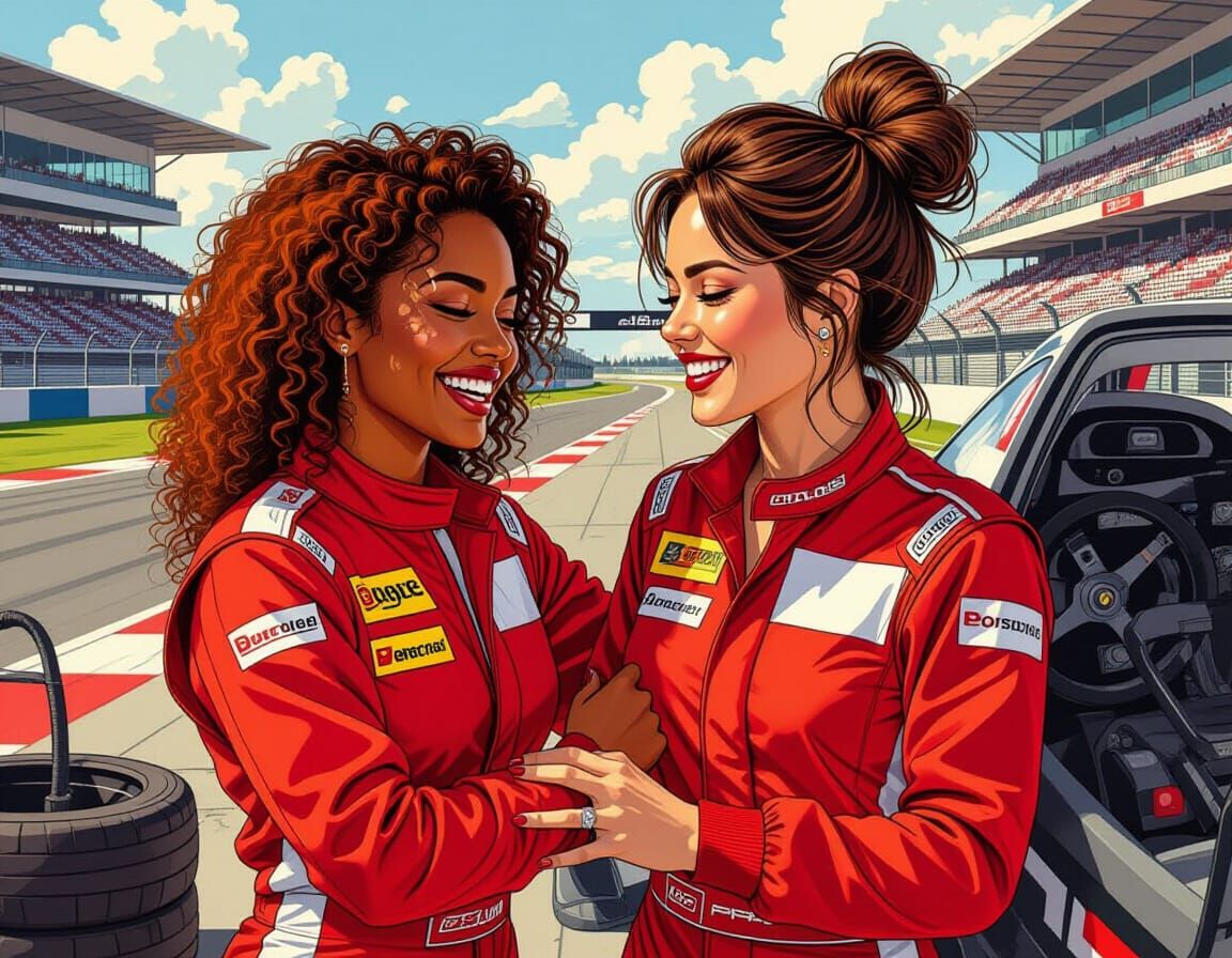 Retro 70s Race Car Drivers Celebrate Friendship