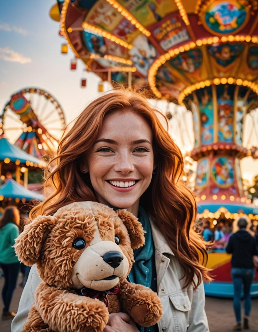 Joyful Woman with Plush Toy at Amusement Park