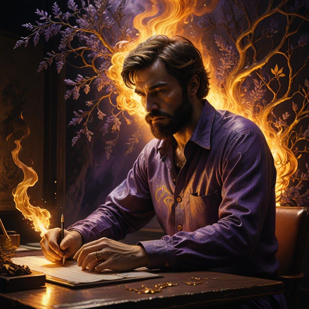 Surreal Man at Ethereal Desk with Flames