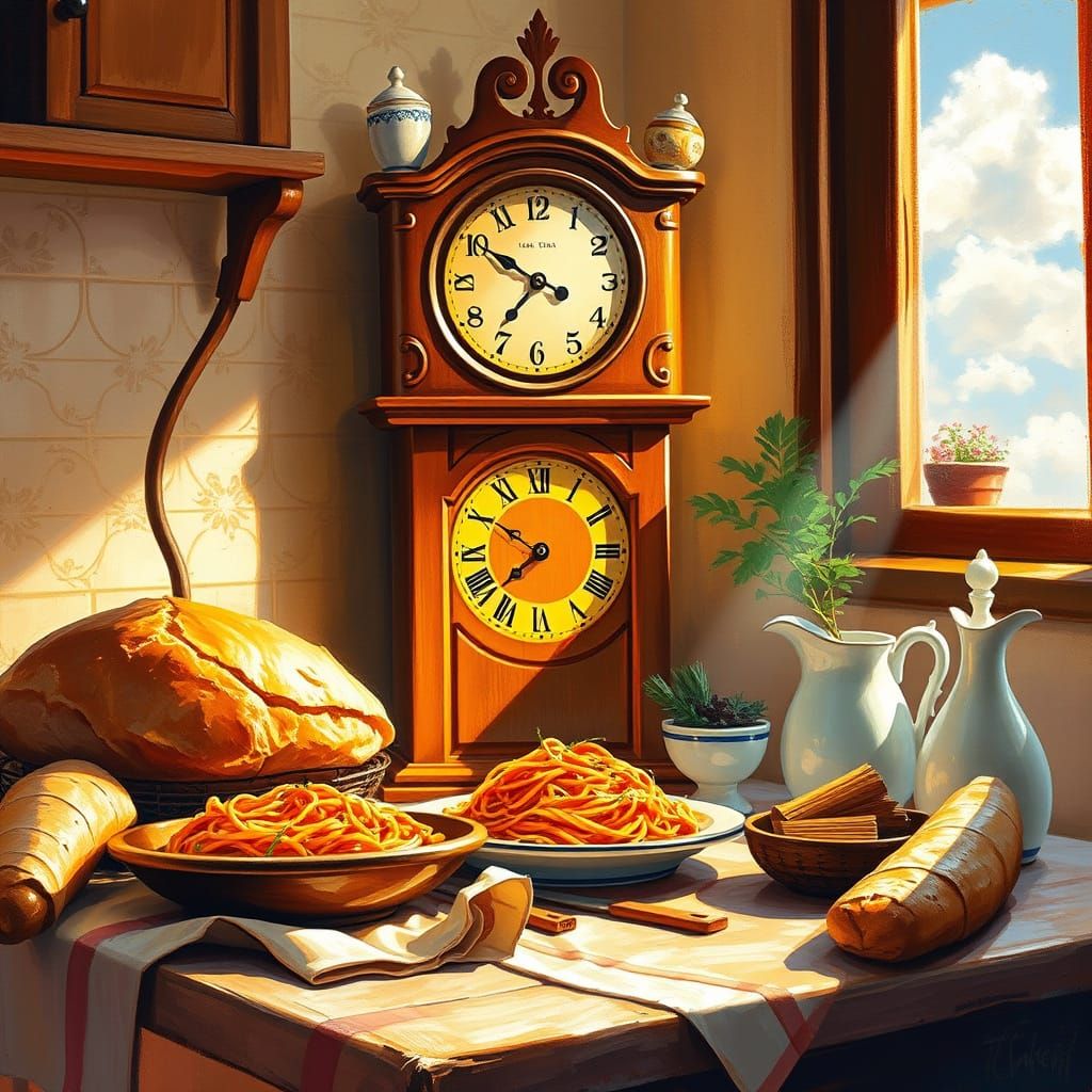 Warm Italian Kitchen Scene with Antique Clock and Traditiona...