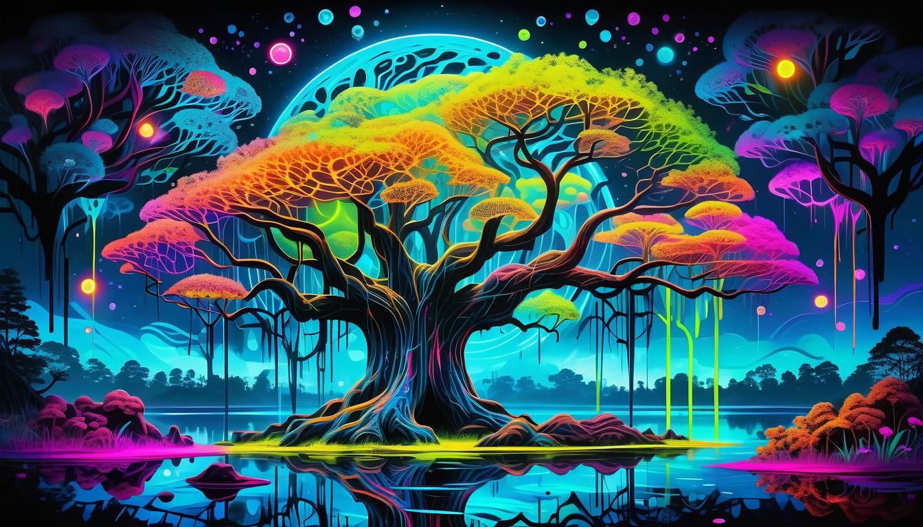 Bioluminescent Banyan Tree in Neon Cyberpunk Forest