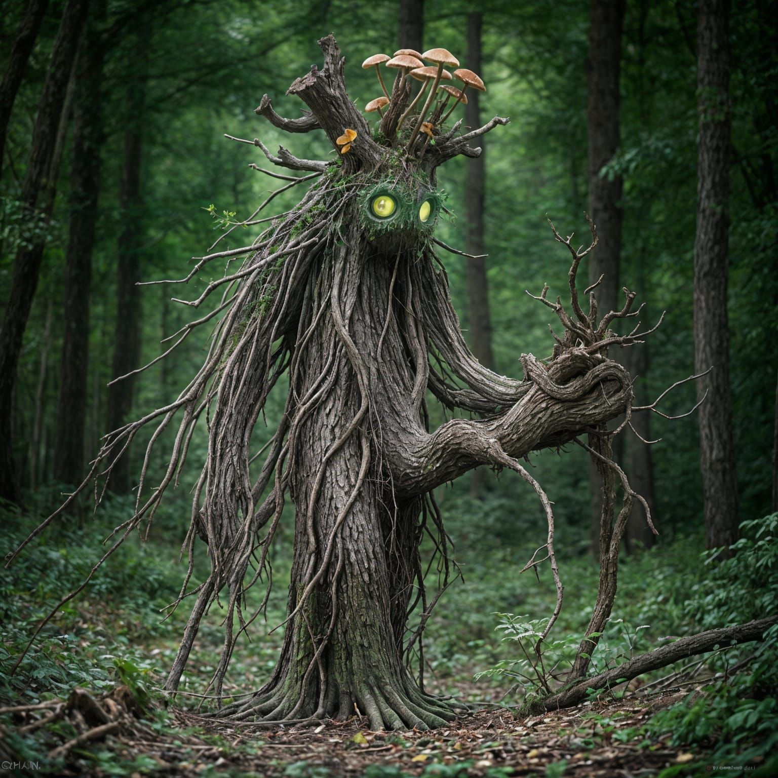 Mythical Forest Guardian Elemental Walks Among Woody Trees