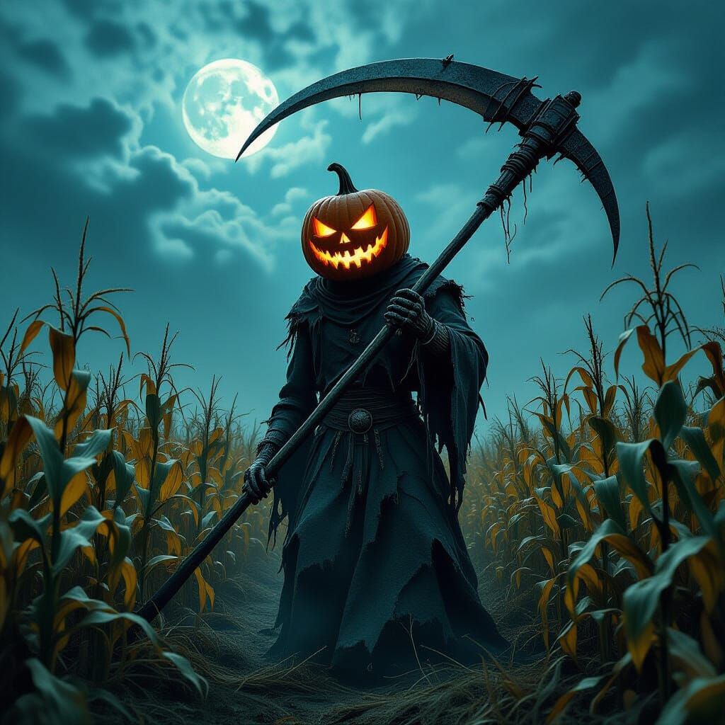Skeletal Pumpkin Headed Figure in Dead Cornfield