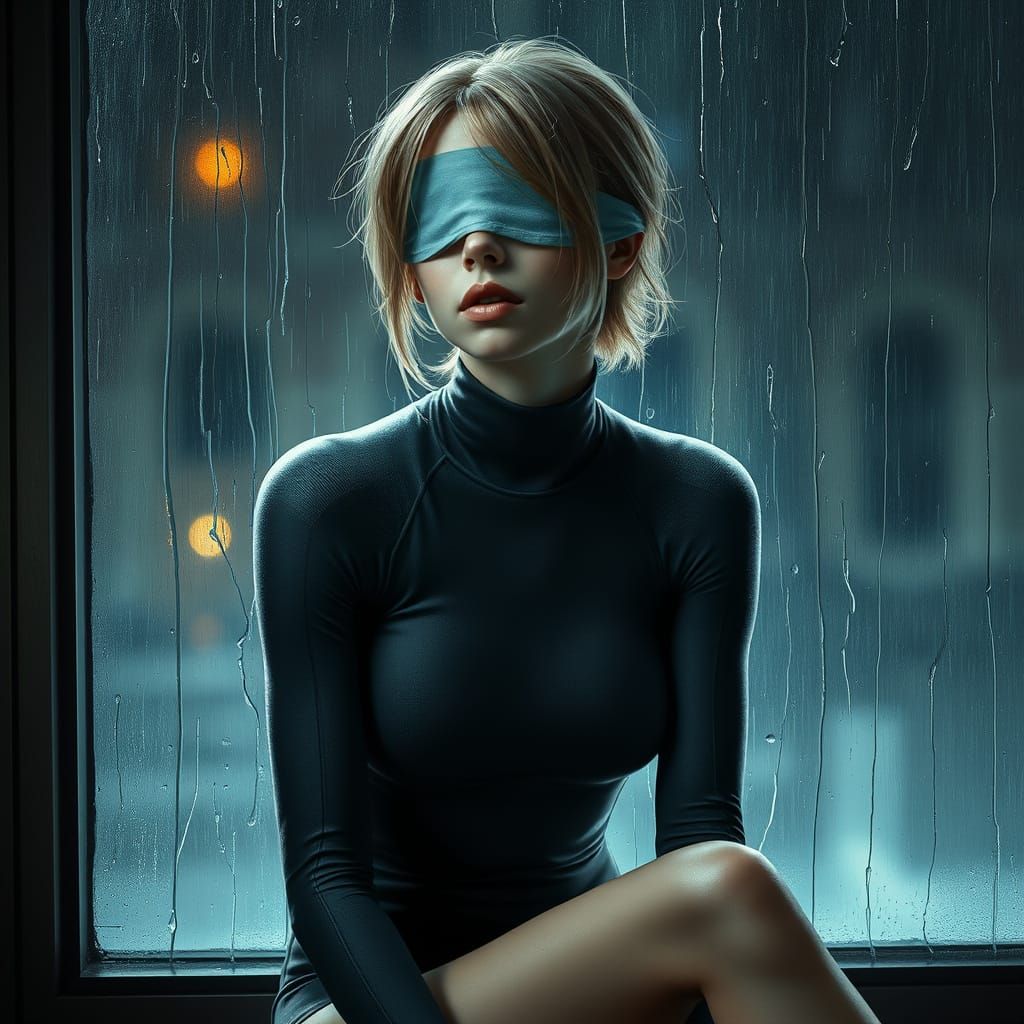 Melancholic 2B Lookalike in Rain-Soaked Cyberpunk Scene