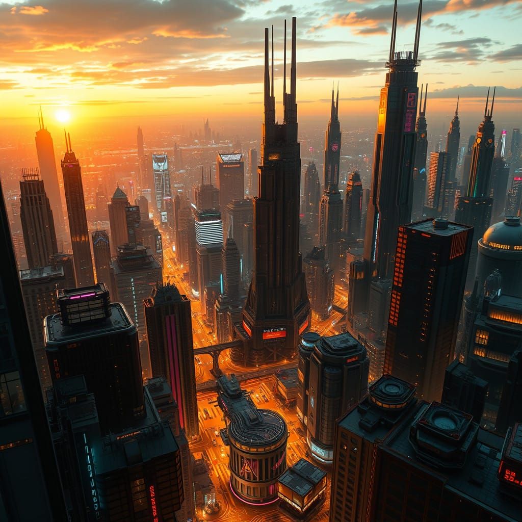 Cyberpunk Metropolis in Perpetual Sunset Glow