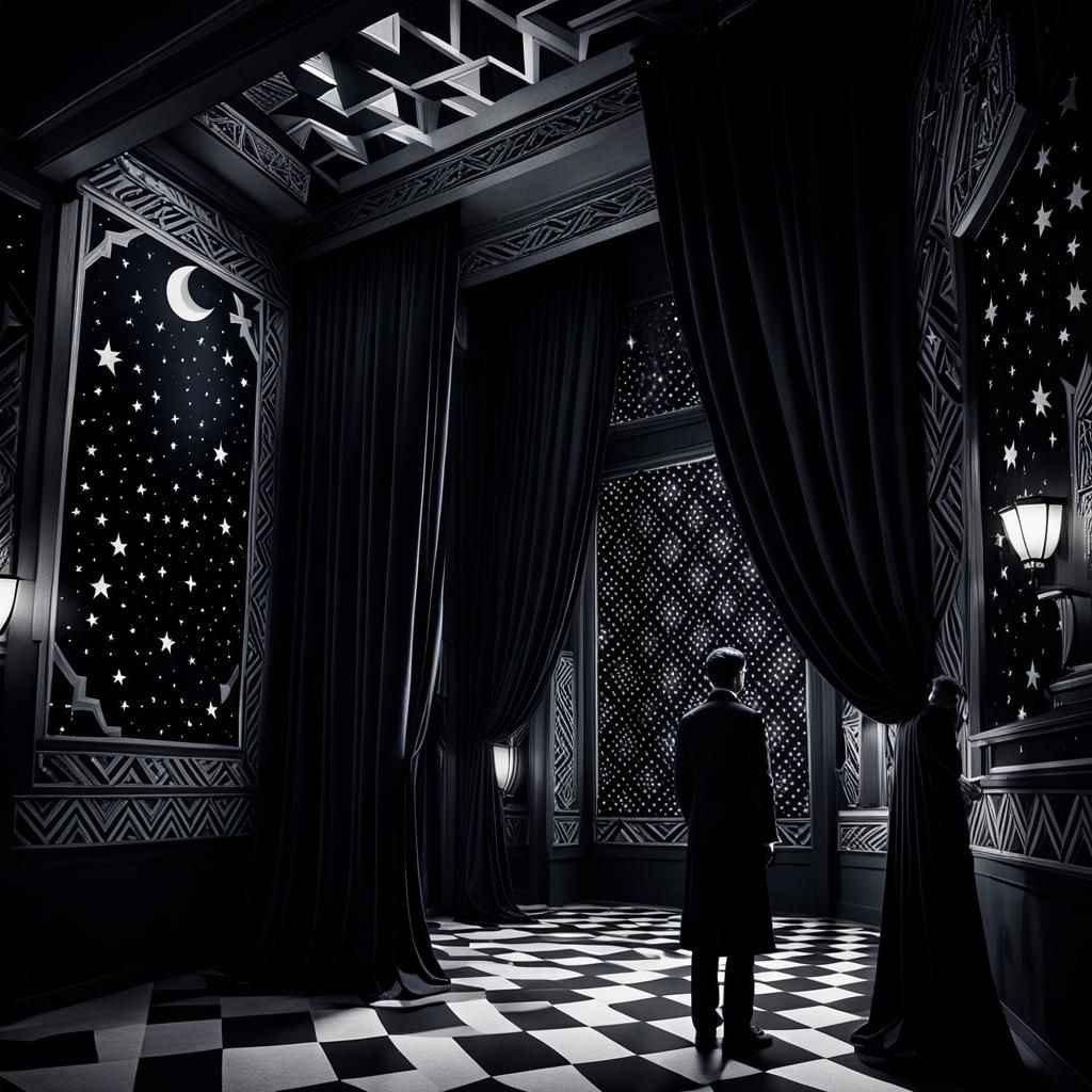 German Expressionist Film Still with Astral Night Sky