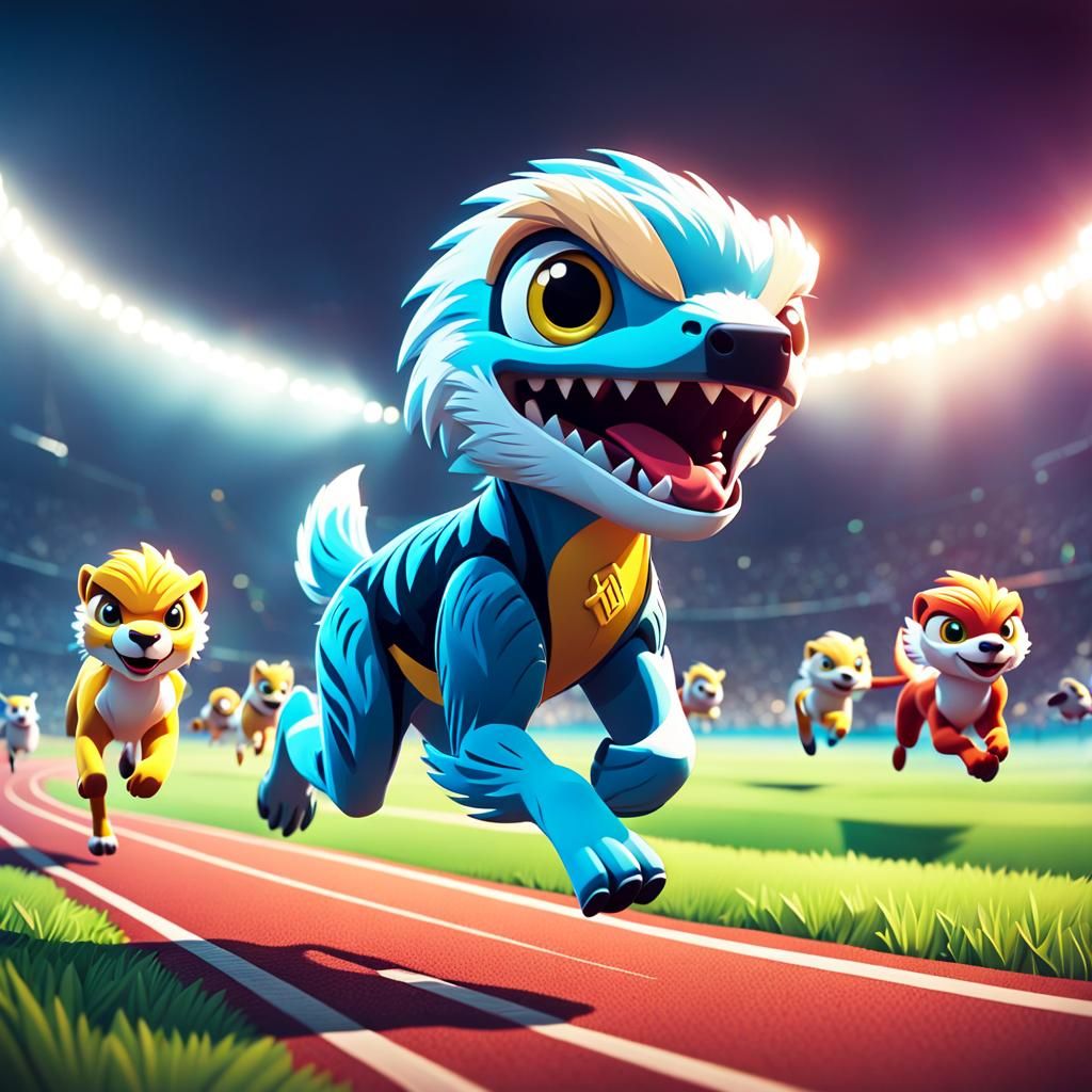 Cartoon Animals in Olympic Running Race, Cinematic Still