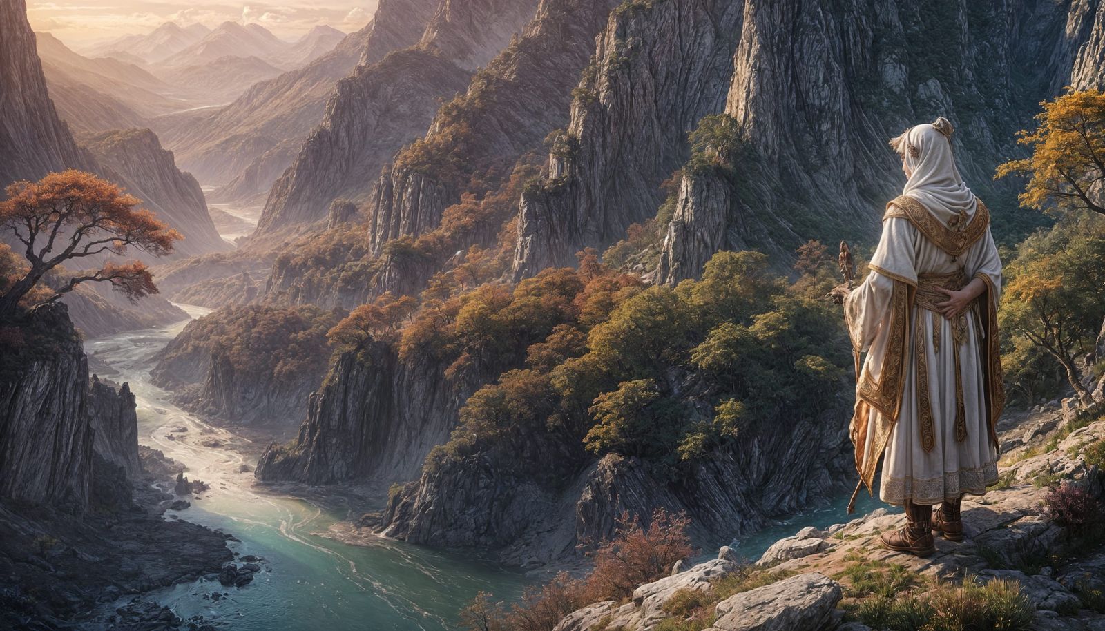 White Mage Overlooks Mountain River: Fantasy Art