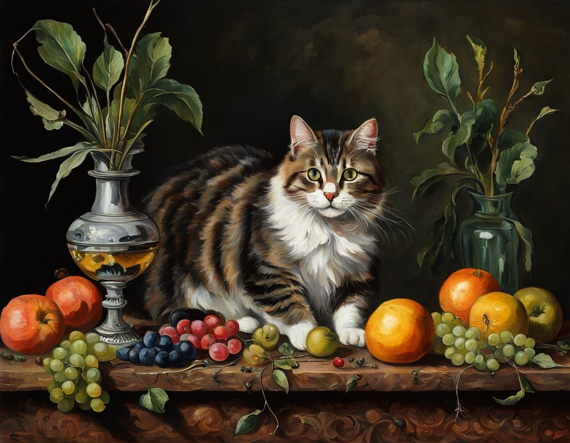 Cat Exploring a Still Life Table in Baroque Style