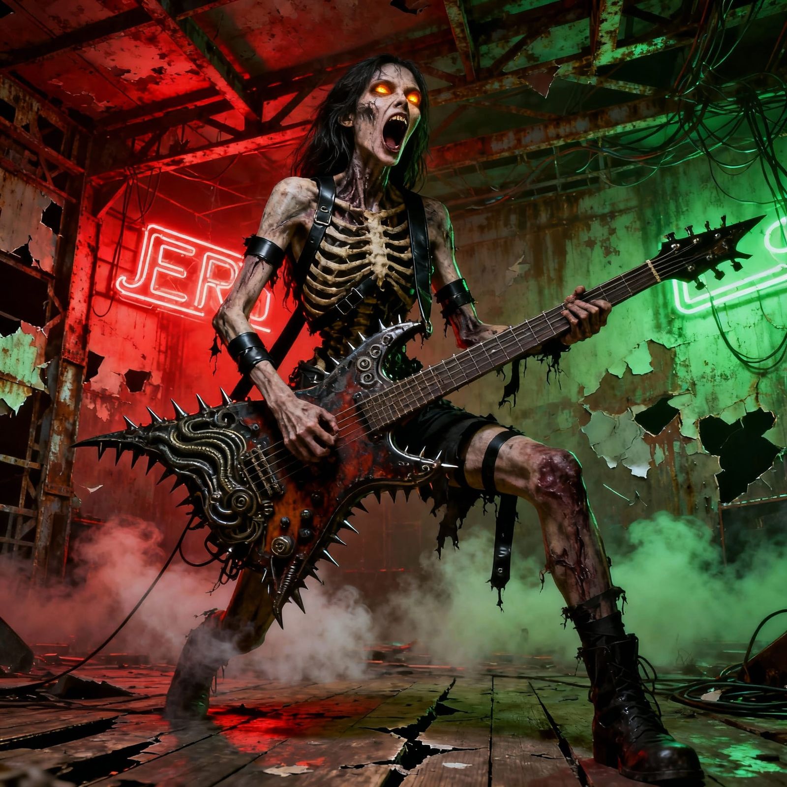 Monstrous Figure Screaming with Bass Guitar in Apocalyptic S...