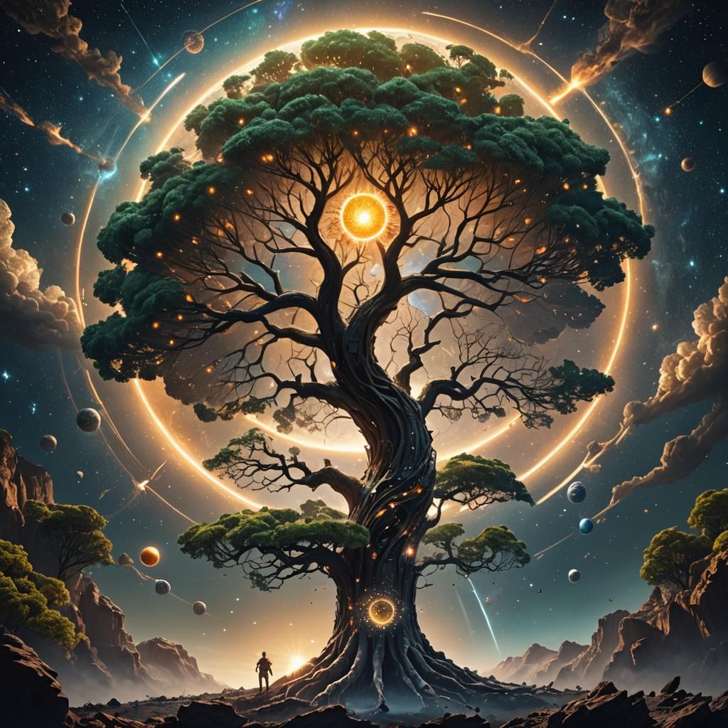 Cosmic Tree Floating in Space with Embedded Sun