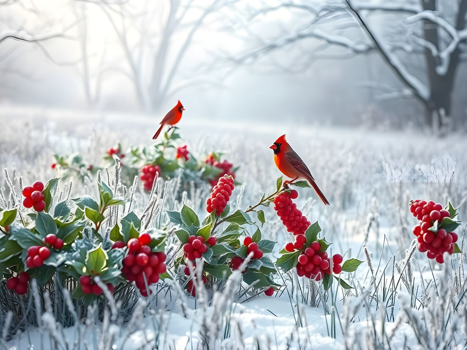 Winter Wonderland with Cardinals and Holly