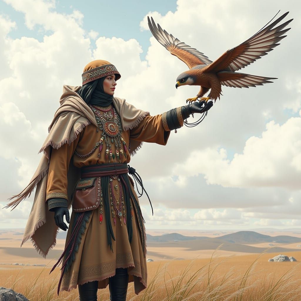Mongolian Falconer with Falcon in Atmospheric Landscape