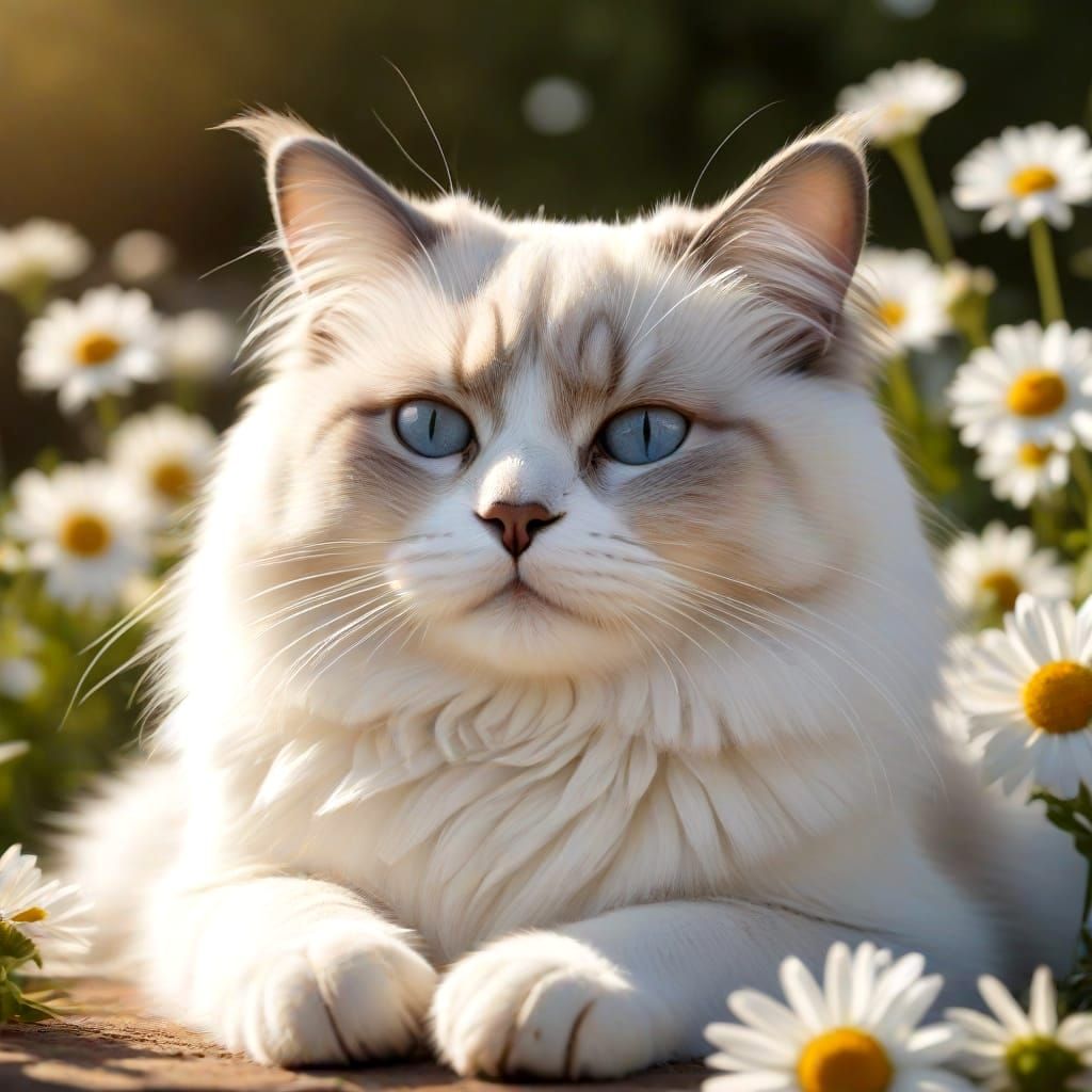 Serene Ragdoll Cat Basks in Sunshine Amidst Daisies