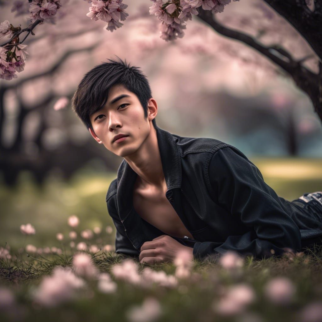 Youthful Japanese Boy in Cherry Blossom Field