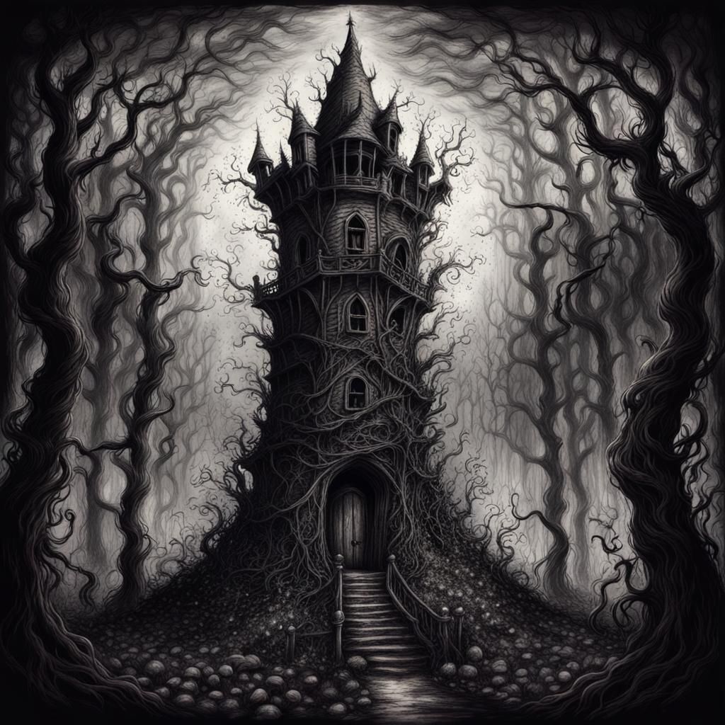 Ominous Tower Hidden in Dark Woods: Charcoal Drawing