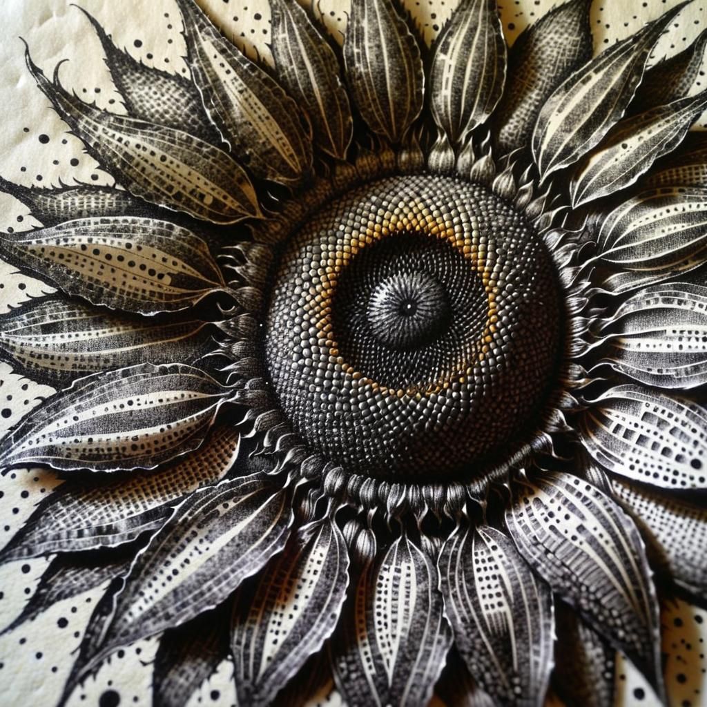 Pointillist Sunflower Center in Black Ink