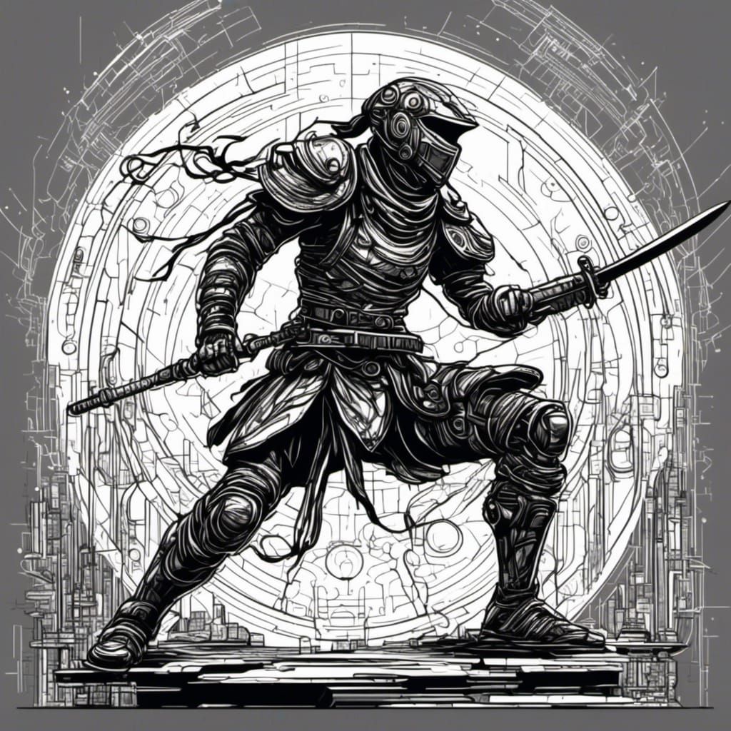 Futuristic Ninja in Cyberpunk Armor, Detailed Line Art