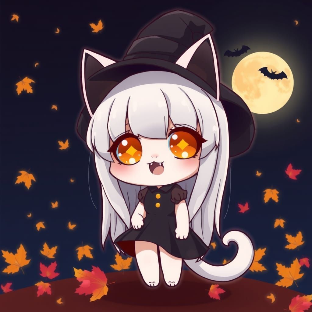 Adorable Chibi Catgirl Witch in Autumn Night Scene