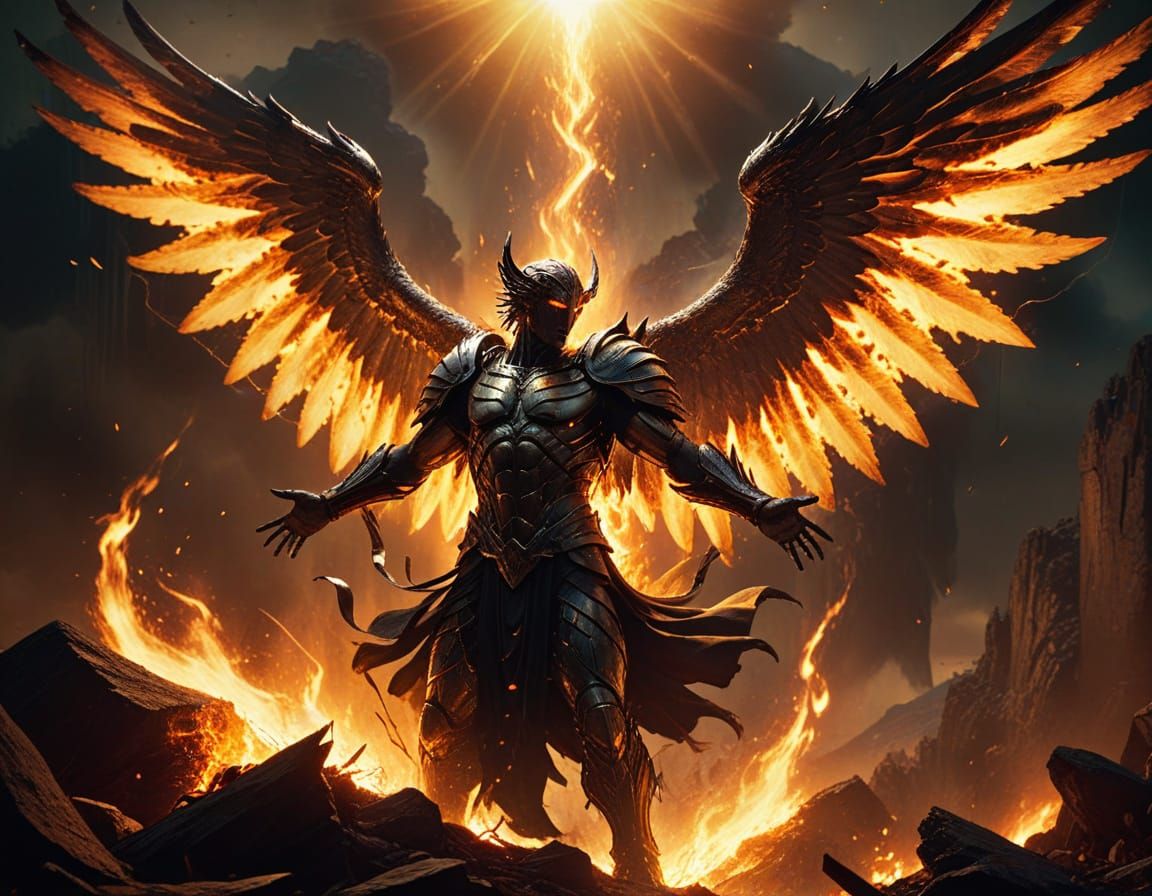 Archangel Battles Demons in Hellish Landscape