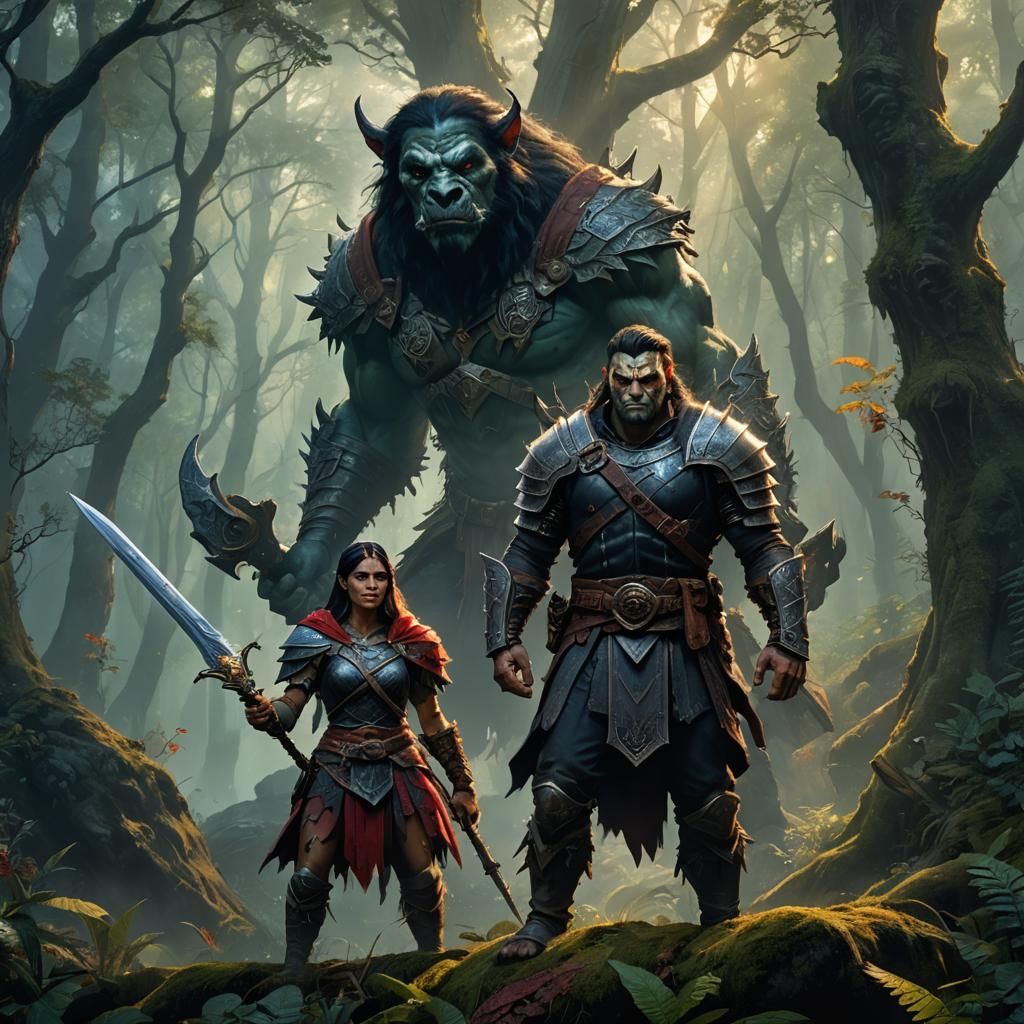 Half-Orc Warrior and Badger in Mystical Forest