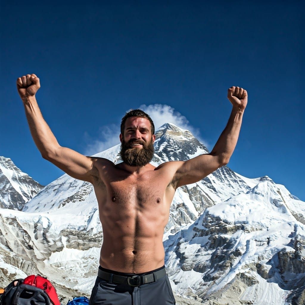 Triumphant Climber on Mount Everest Summit