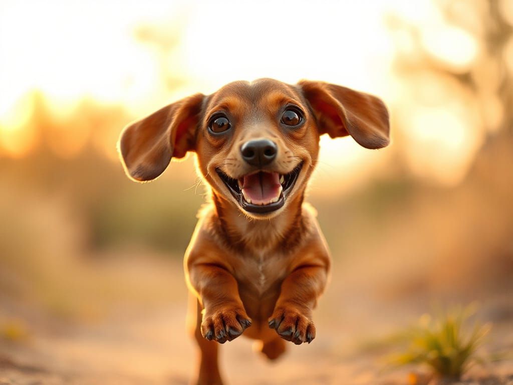 Joyful Dachshund Soars in Ethereal Light