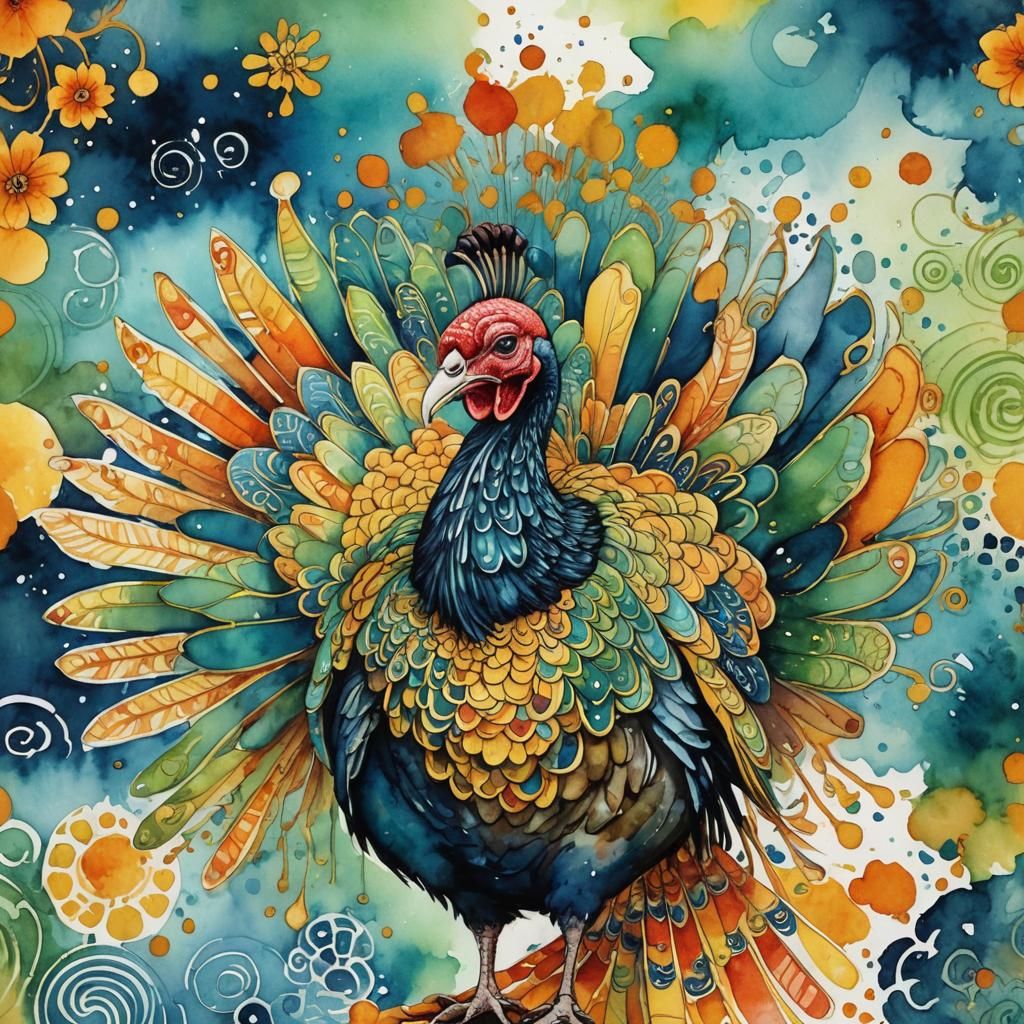 Majestic Turkey in Watercolor with Chinese Calligraphy
