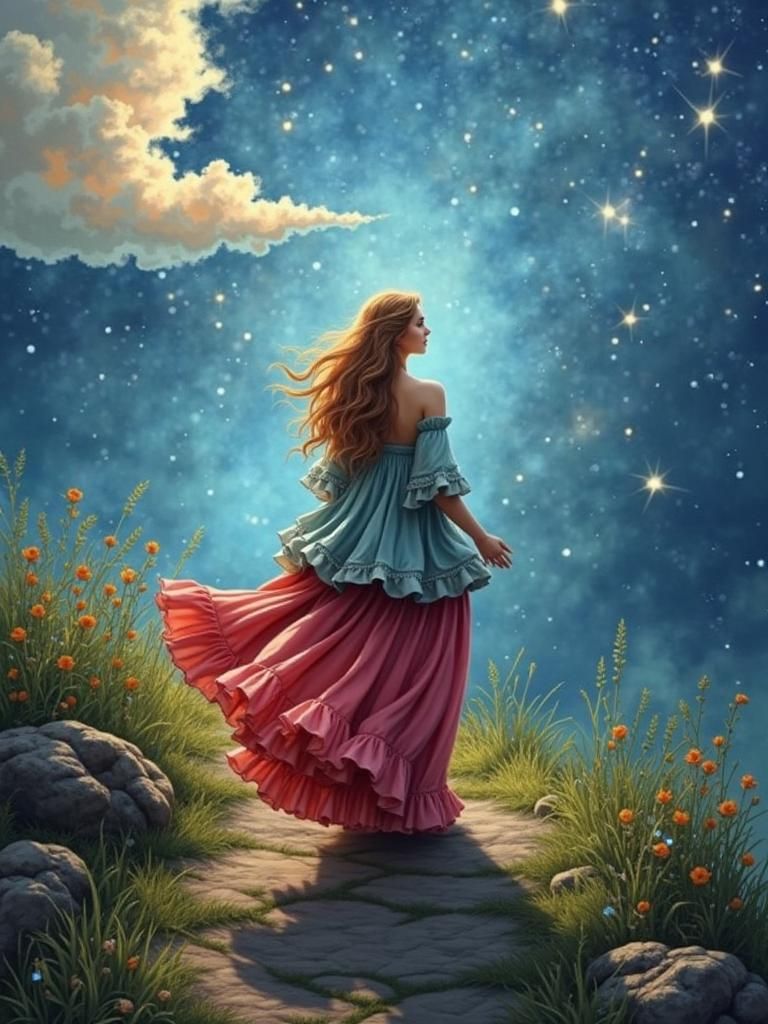 Woman Walks Under Moonlight in Dreamlike Maritime Valley