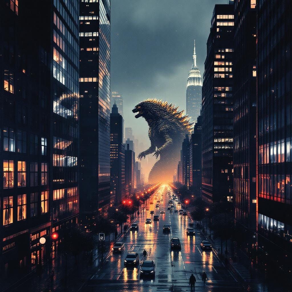 Metallic Godzilla Reflected in New York City