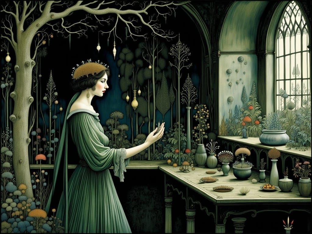 Medieval Herb Woman's Enchanted Abode in Deep, Mysterious Co...