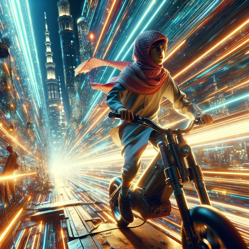 Teenage Boy's E-Bike Time Travel: 3D Rendered Scene