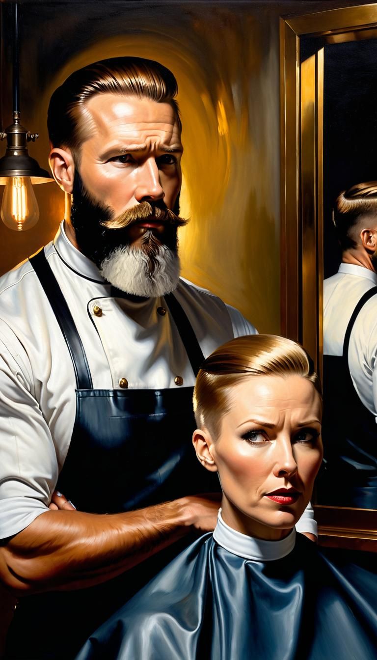 Barber Girl Shaves Vault Boy in Oil Painting