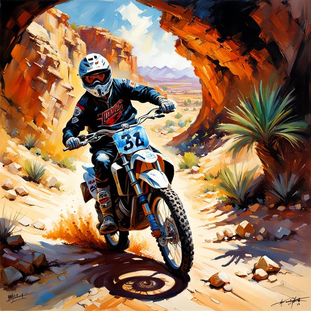 Dirt Bike Blasting Through Desert Cavern in Expressionist St...