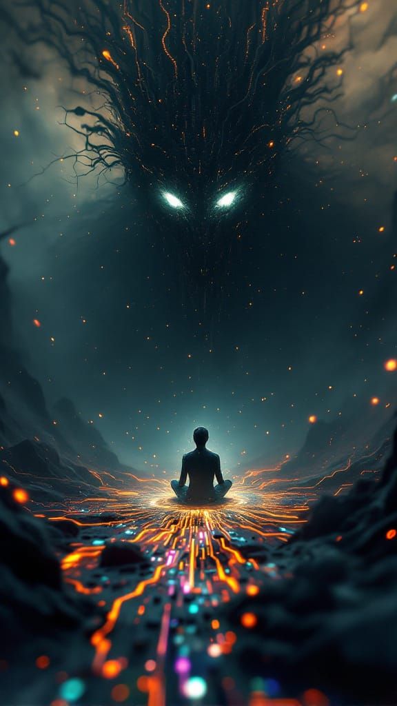 Biocosmic Circuit Figure Gazing at Shadow, Digital Art