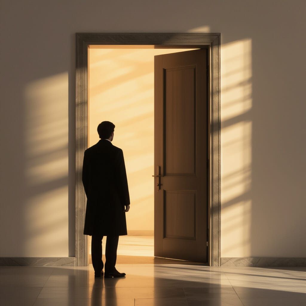 Lone Figure Embraces New Perspective Through Open Door