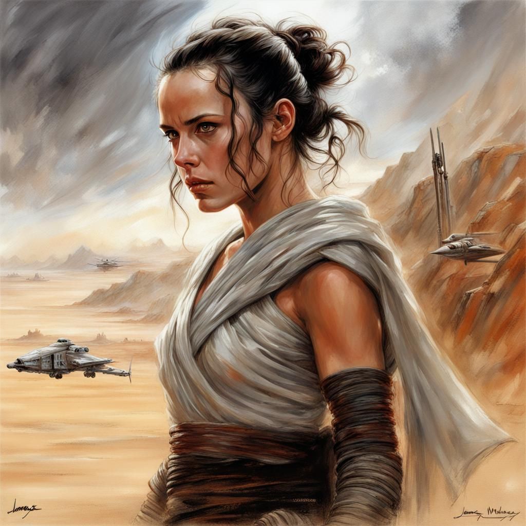 Rey Skywalker in Cinematic Digital Art Style