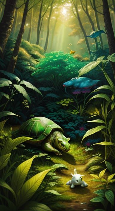 Rabbit and Tortoise Race: Whimsical Forest Illustration