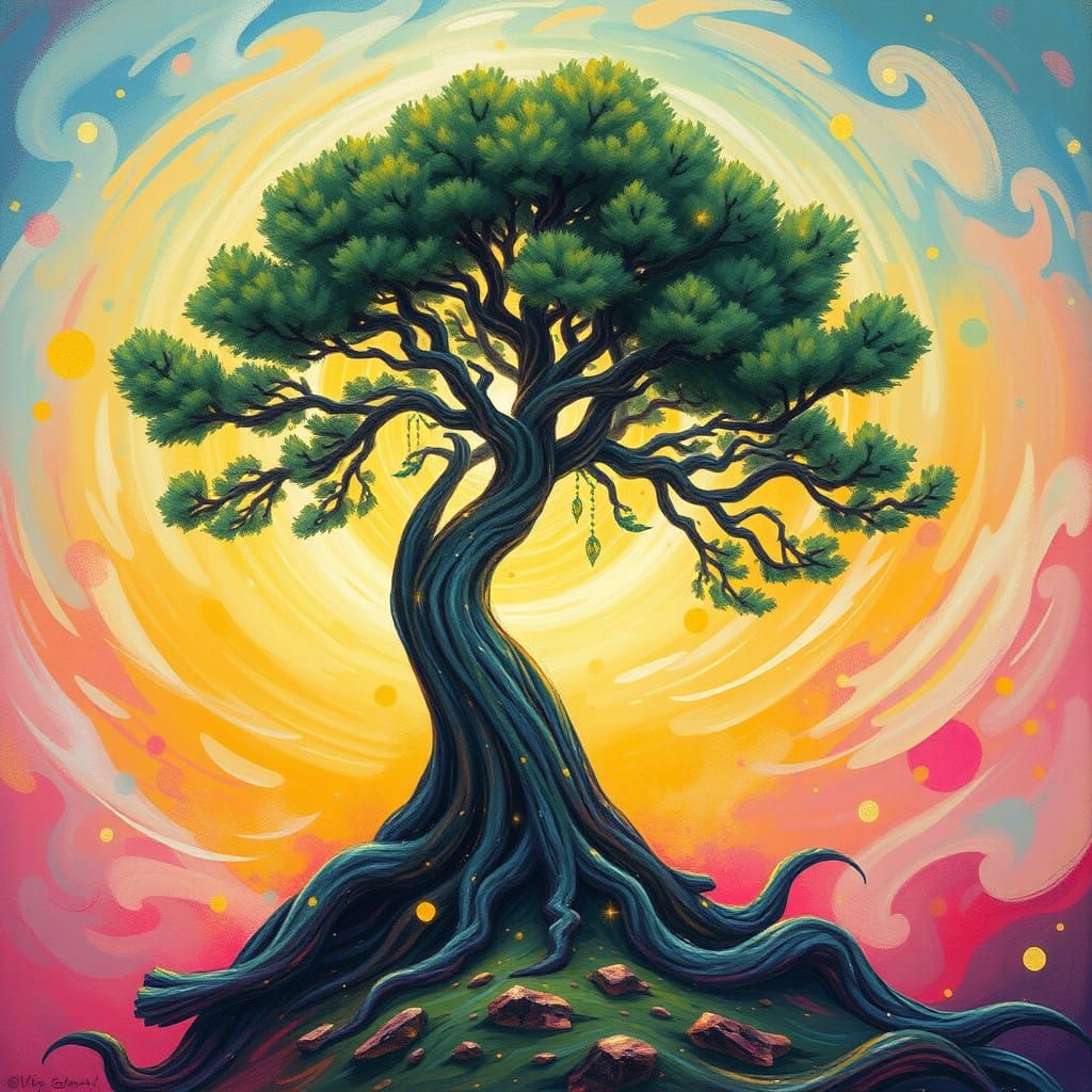 Surreal Cypress Tree Queen Reigns Amidst Vibrant Graffiti Dr...