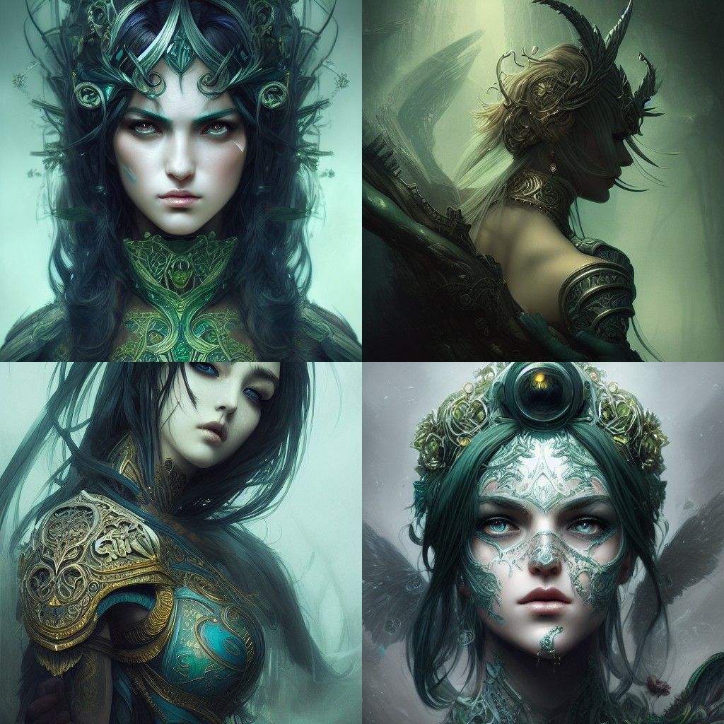 Dark Fantasy Goddess in Cobalt and Green Armor