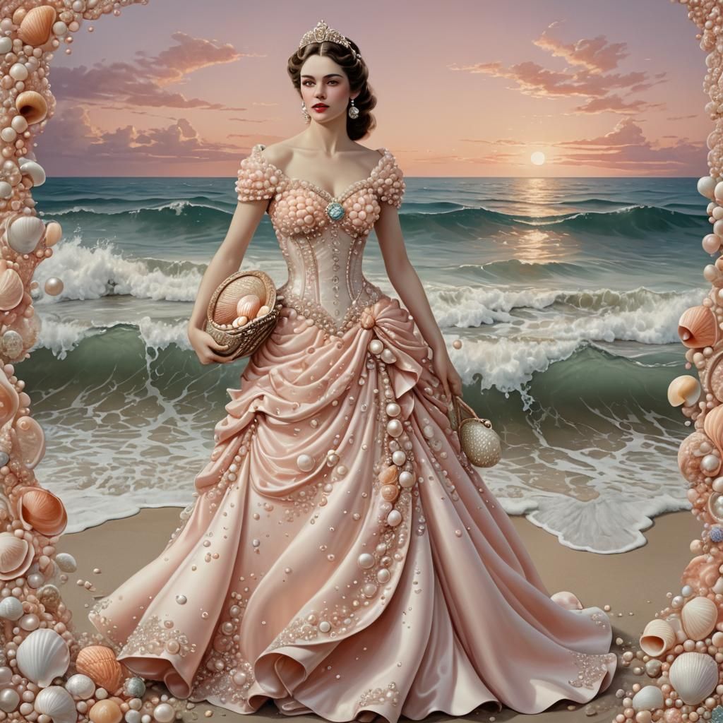 Pearl Gown Fantasy Art on Pastel Beach