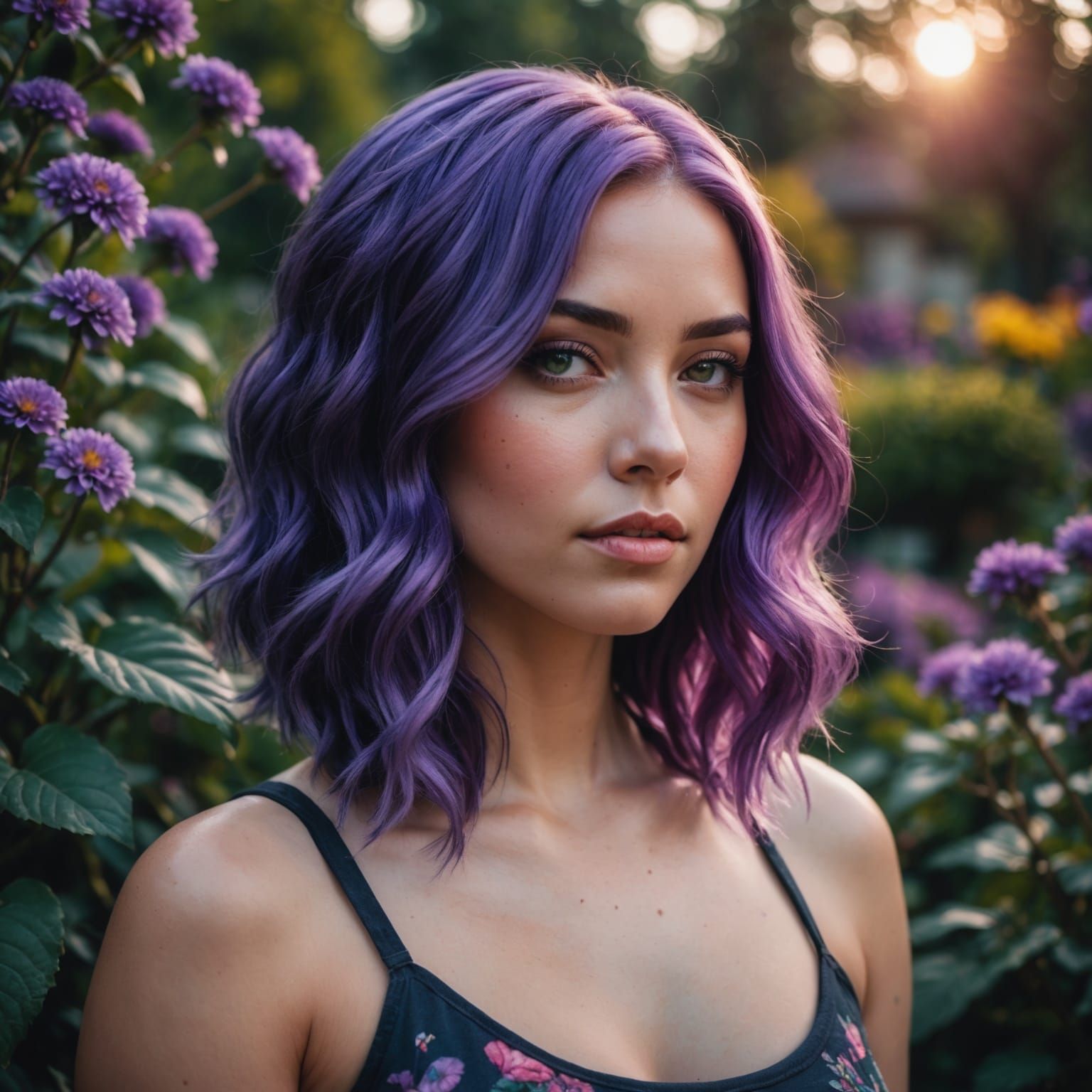 Beautiful Purple-Haired Woman in Twilight Garden