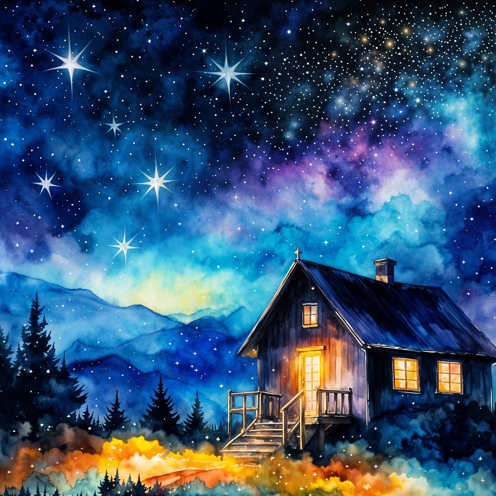 Vibrant Watercolor Night Sky with Sparkling Stars
