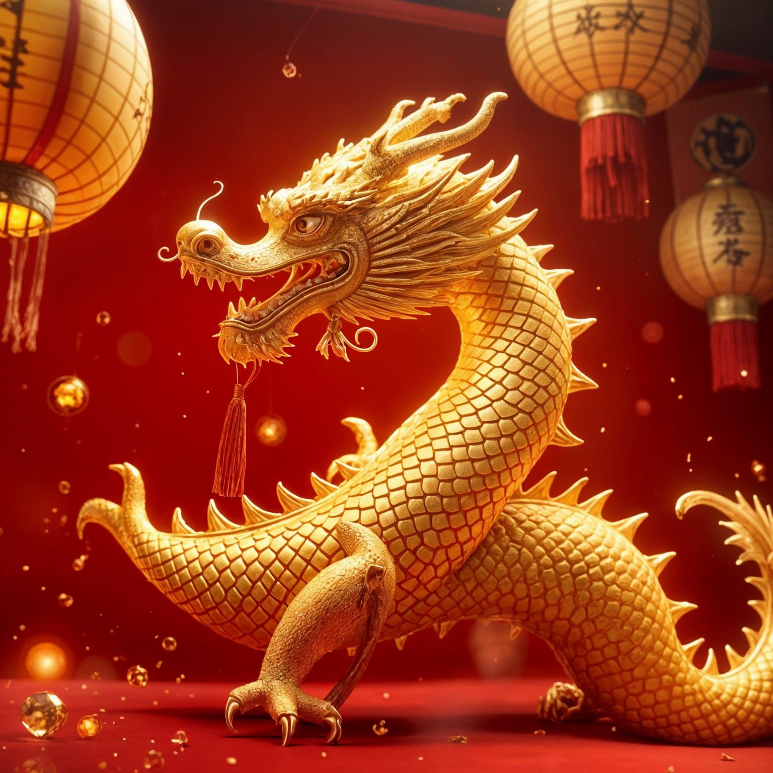 Golden Chinese Dragon on Red New Year Background