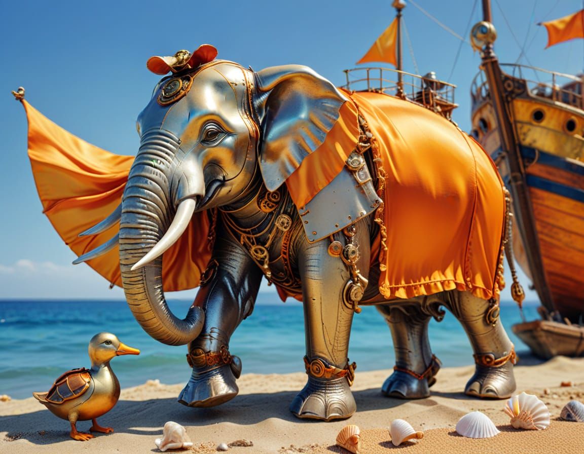Steampunk Beach Vacation with Elephant in Silk Dress