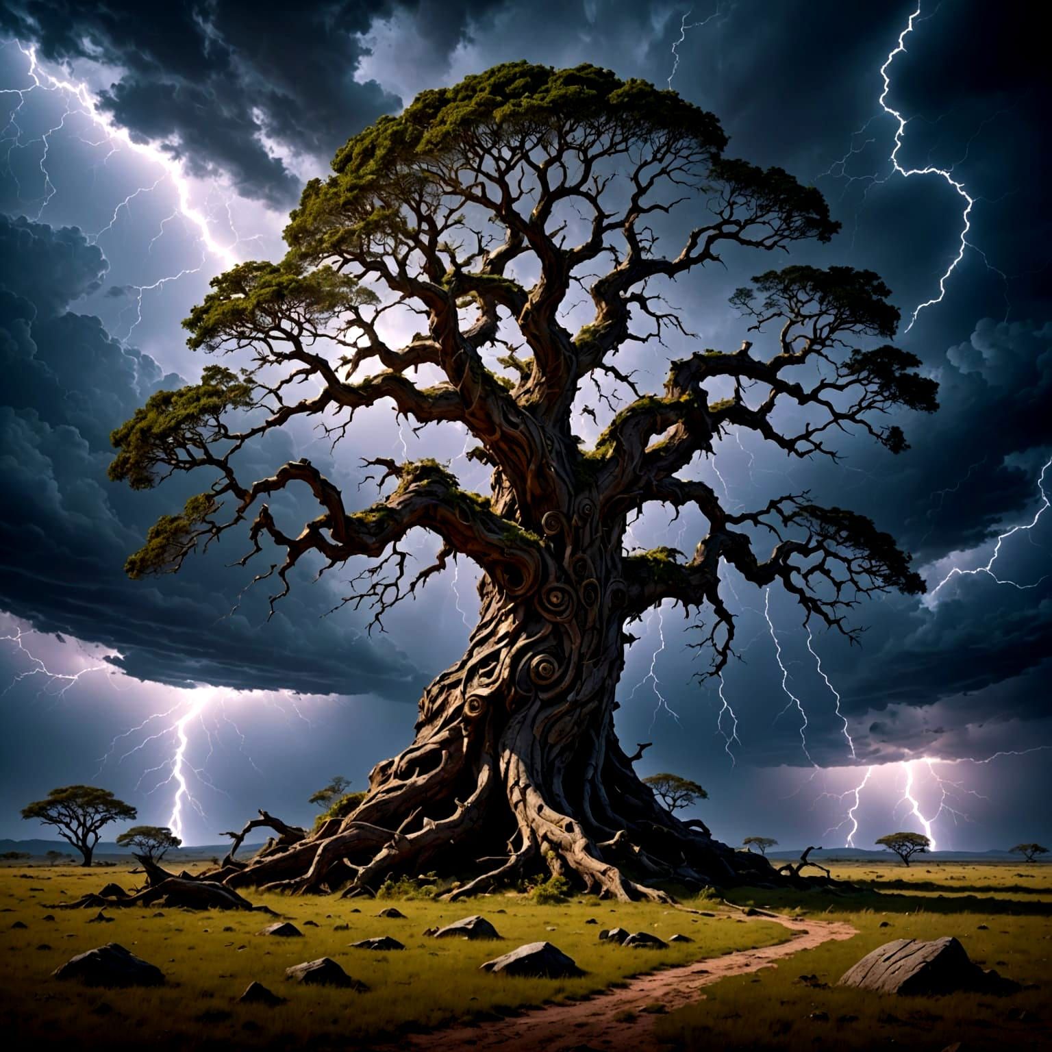 Ancient Runed Tree Amidst Stormy Desolation