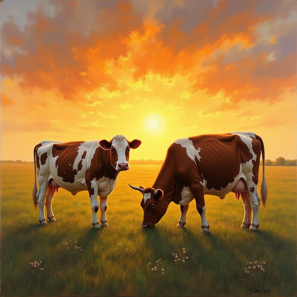 Cows Grazing at Sunset in Impressionistic Style