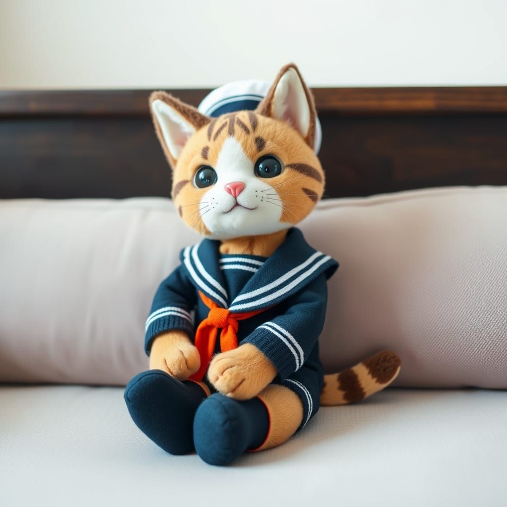 Cute Plush Cat Boy in Sailor Suit on Sofa